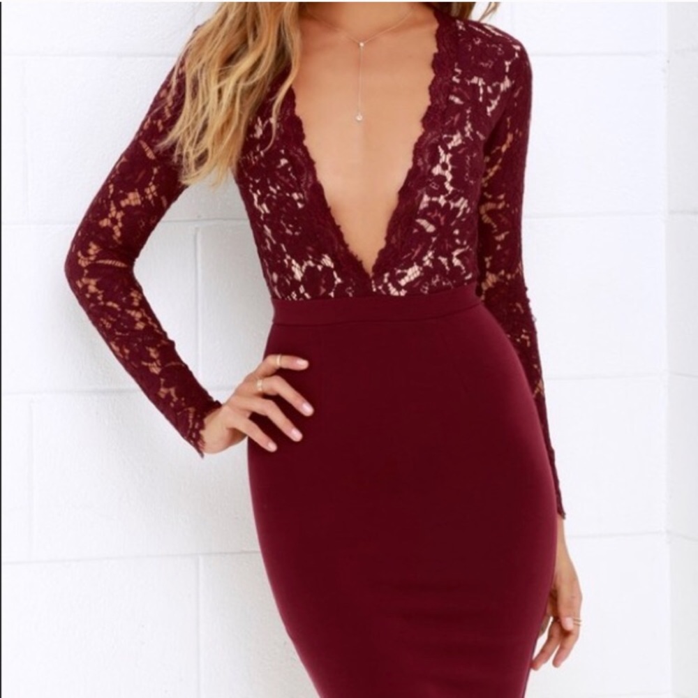 Lulu’s Burgundy Lace Dress with Plunging Neck